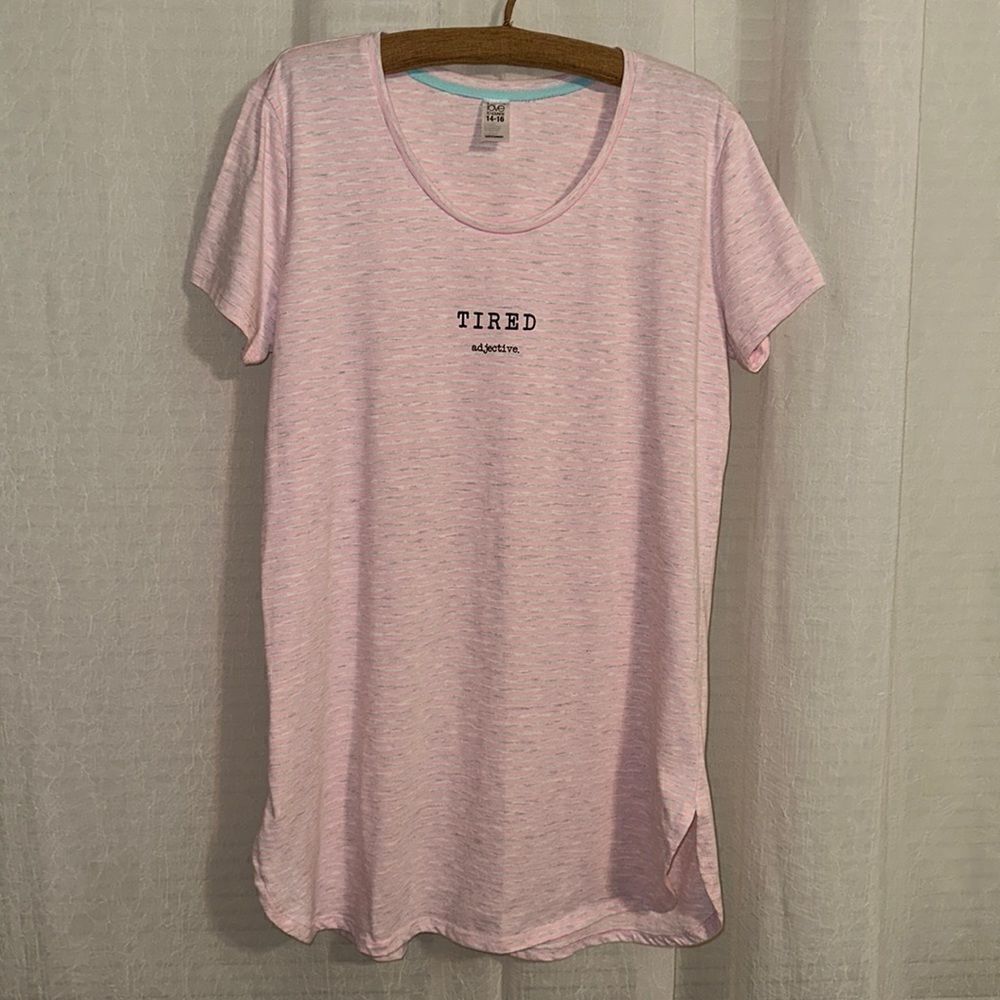 love to lounge 10-12 Crewneck Pink Heather Gray Striped “TIRED adjective” Tee